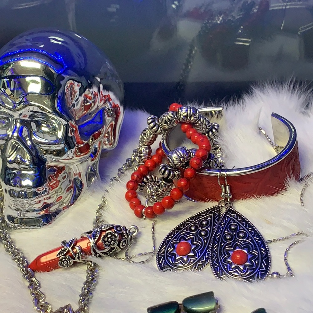 Red and silver western/ boho custom jewelry set